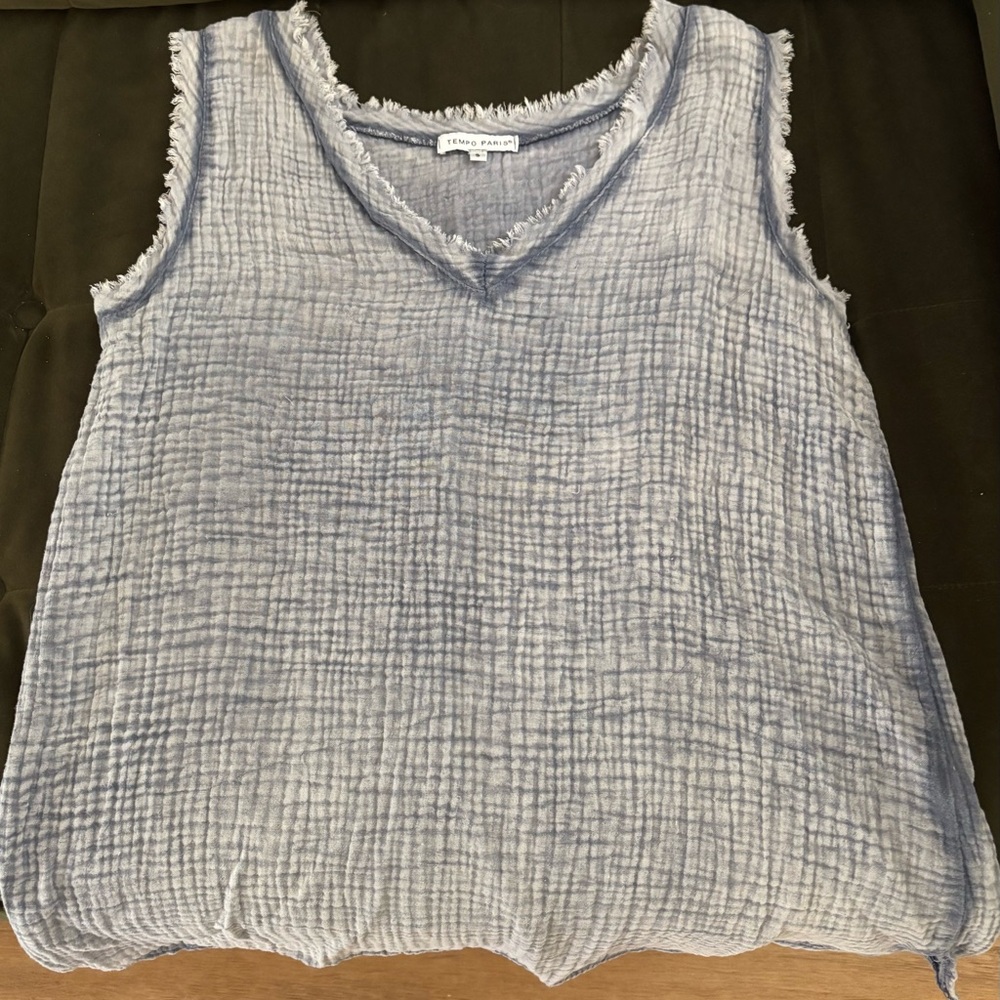 Tempo Paris Light Blue Frayed Sleeve Tank Size Small